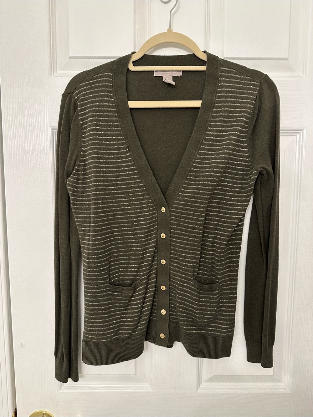 Banana Republic Olive Green Striped V-Neck Cardigan with Gold Buttons